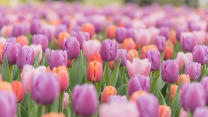 Vibrant tulip garden with purple and orange flowers