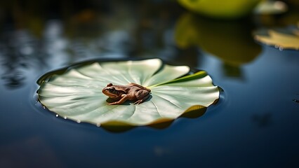 supine. A frog basking on a lily pad floating on a calm sunlit lake. wildlife magazines, conservation campaigns, designed for eco-tourism storytelling, supports conservation.