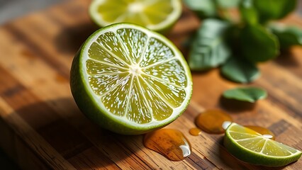 sudachi. A sudachi lime sliced in half on a rustic wooden cutting board, droplets of fresh juice. menu design, packaging mockups, designed for food delivery and cloud-kitchen brand materials.