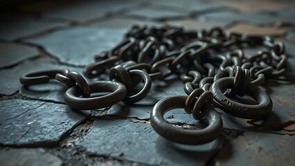 shackles. Rusted iron chains and broken manacles on a stone floor in dim light. public awareness campaigns, NGO reports, designed for public awareness campaigns and NGO communications.