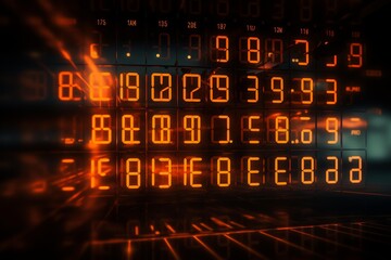 Glowing orange numerical data showing updates on a dark digital display panel