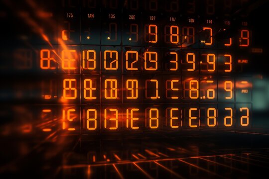 Glowing orange numerical data showing updates on a dark digital display panel - Powered by Adobe