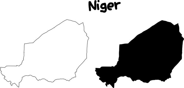 Vector map of Niger showing outline and solid silhouette versions side by side. Minimal black and white geographic country illustration.