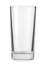 Empty clear glass highball tumbler on white background