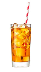 Refreshing iced tea glass with ice cubes and straw