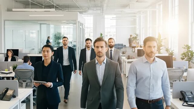 Diverse professionals stride through bright with modern openplan office.