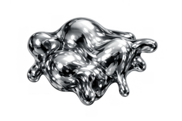 Molten metallic chrome liquid blob creating a futuristic abstract silver splash design on transparent background
