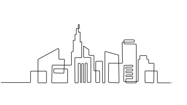 Self drawing animation of Modern cityscape continuous one line drawing. Metropolis architecture panoramic landscape. New York skyscrapers hand drawn silhouette