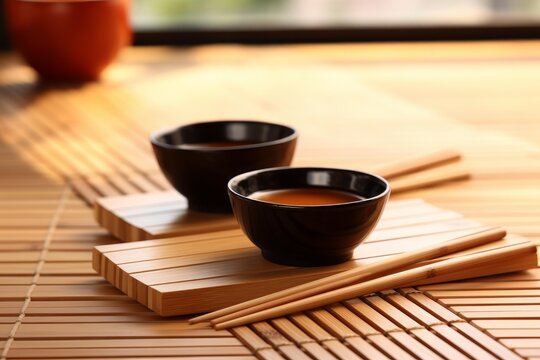 Two black bowls of tea and bamboo chopsticks resting on a tatami mat