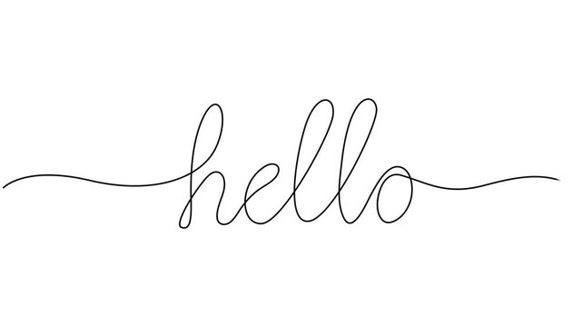 Self animated one continuous line drawing typography line art of hello word writing, hello animated continuous single one line art drawn animation phrase on white black background. hand drawing of pro