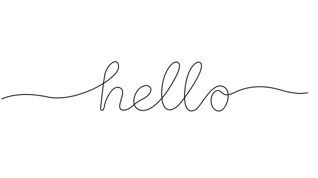 Self animated one continuous line drawing typography line art of hello word writing, hello animated continuous single one line art drawn animation phrase on white black background. hand drawing of pro