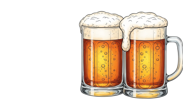 Two Frothy Beer Mugs Illustration With Overflowing Foam - Powered by Adobe