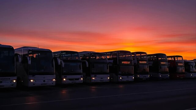 Sunrise Over Coach Bus Fleet Commute Dawn Ready for Journeys.