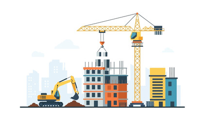 Obraz premium Heavy Machinery at Construction Site Illustration, Tower Crane Lifting Materials and Excavator Digging Foundation for High-Rise Building in City