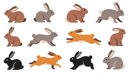 Obraz premium Rabbit and Hare Vector Illustration Set, Different Breeds of Bunnies Sitting, Jumping and Running Isolated on White Background
