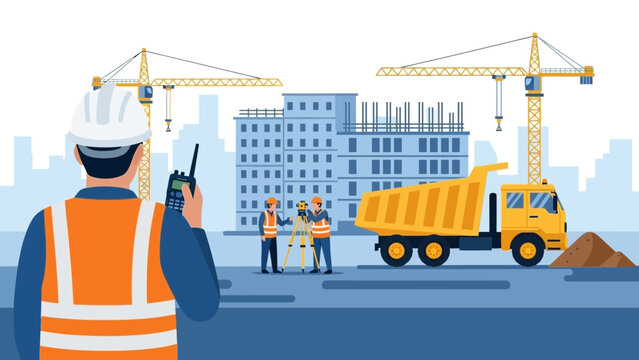 Heavy Machinery at Construction Site Illustration, Tower Crane Lifting Materials and Excavator Digging Foundation for High-Rise Building in City