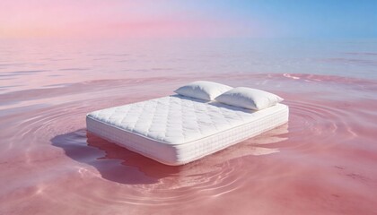 A white mattress with two furry pillows floats on a surface of pink water. The water has ripples and reflections. The sky displays a gradient of pink and blue.