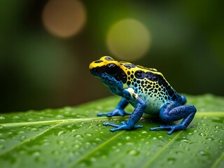 Fototapeta premium Vibrant blue and yellow poison dart frog perched on a dewy green leaf, showcasing intricate patterns in a macro photography style with bokeh background.