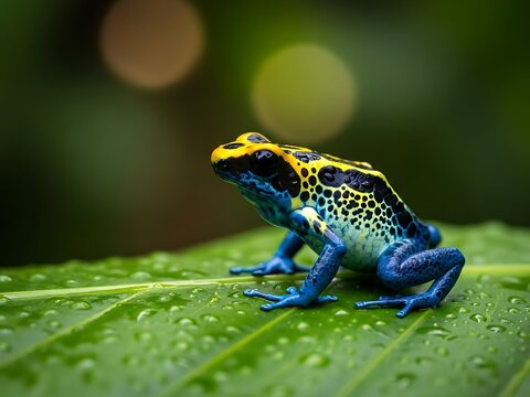 Vibrant blue and yellow poison dart frog perched on a dewy green leaf, showcasing intricate patterns in a macro photography style with bokeh background.