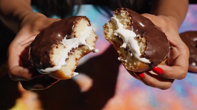 Unveiling a Glazed Donut: A Sweet Treat Split Open and Revealed in Stages for Enjoyment