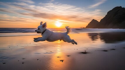 White dog running on a beach at sunset with ocean waves and cliffs in the background