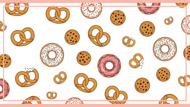 A cute seamless pattern background with pretzels, chocolate chip cookies, and donuts for a fun bakery or party-themed design.