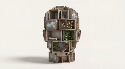 Creative wooden head sculpture with interior rooms and greenery