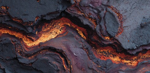 Close-up of molten lava flowing between rocky formations. Abstract, fiery colors