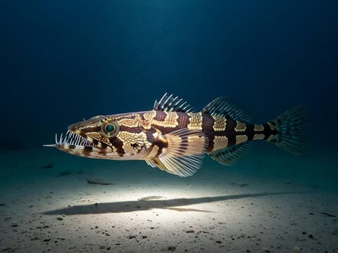 Predatory Sand Lizardfish with needle-sharp teeth, camouflaged against sandy seabed, illuminated by dramatic underwater spotlight, creating striking shadow, marine wildlife