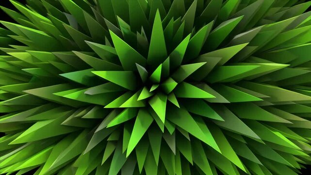 Abstract geometric green spikes exploding outward in an infinite loop animation, creating a vibrant digital texture perfect for technological backgrounds or natural science concepts.