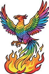 Fototapeta premium Vibrant Rainbow Phoenix Rising from Fiery Flames - Majestic Mythical Bird of Rebirth, Renewal, and Power with Spreading Wings 