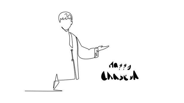 Guy guiding something with one hand in korean traditional dress. Chuseok Day concept. Single line draw design. Full length animation illustration. High quality 4k footage