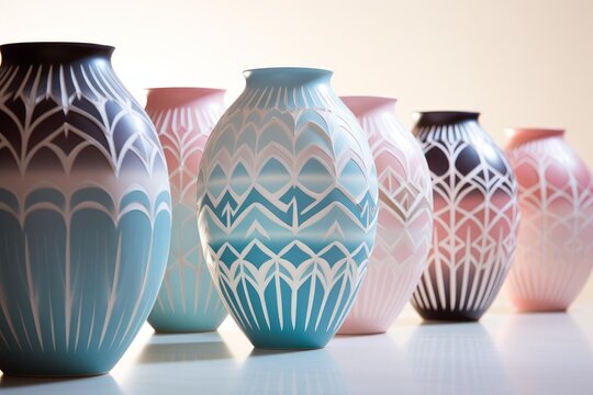 Collection of decorative ceramic vases showing pastel color gradients and intricate geometric patterns