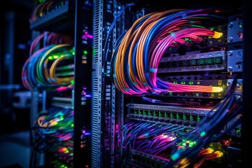 Colorful fiber optic cables illuminating a functioning internet data center