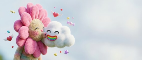 Surreal silliness of love a heartwarming scene with a flower and cloud embracing each other in a whimsical environment capturing the essence of joy and affection