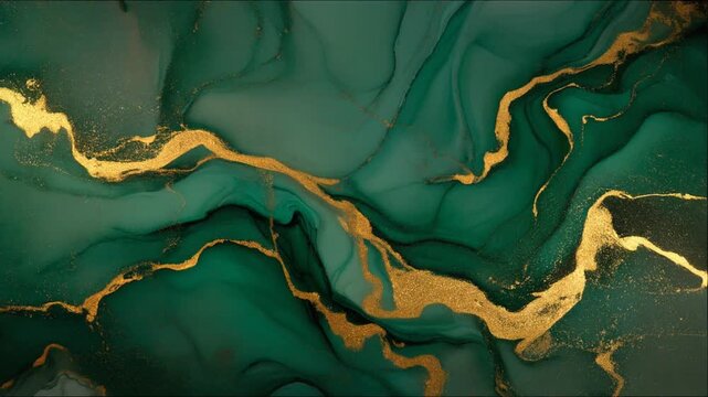 Abstract Luxurious Emerald Green and Gold Fluid Art Background Texture, Alcohol Ink Effect Creating Stunning Malachite Marble Pattern Waves for Elegant Design Projects.