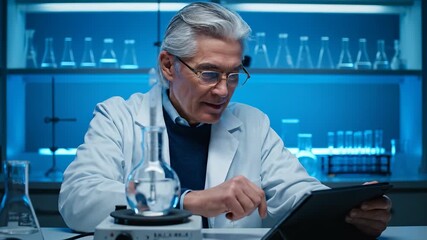 scientist conducting experiment in laboratory. chemist monitors glassware and tablet during research. testing and analysis of chemistry solution. researcher records data on tablet. professional study. - Powered by Adobe