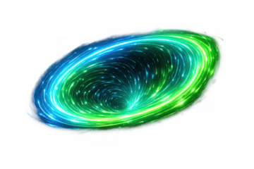 Wormhole creating a glowing green and blue vortex. Swirling light lines forming a tunnel shape. Abstract energy portal, transparent background