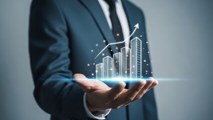 Business Growth Concept - Businessman Holding Up a Bar Chart