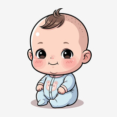 Cute Baby Illustration Sitting in Blue Pajamas with Teddy Bear Detail