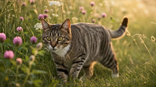 A tabby cat walks through a sunlit meadow with wildflowers.