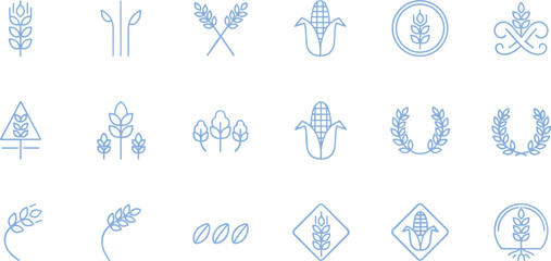 Set of light blue linear icons featuring wheat stalks, corn cobs, and grain wreaths for agricultural and farming designs.