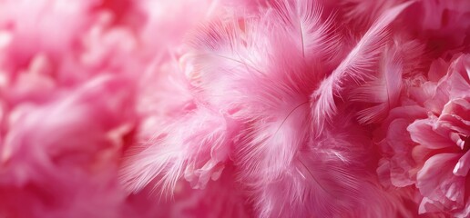 Close-up of pink feathers and flowers, soft and delicate, creating a dreamy, romantic atmosphere