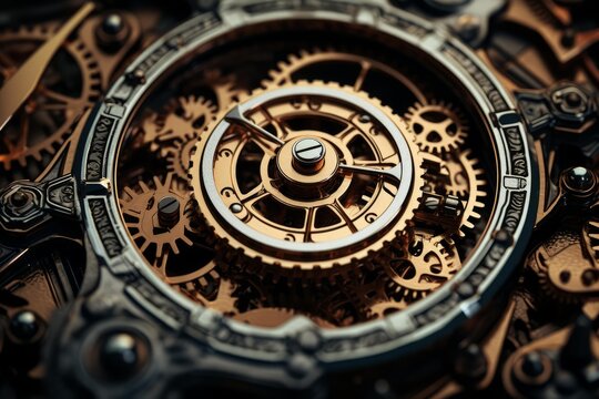 Steampunk gears and cogs working together in a complex mechanical system
