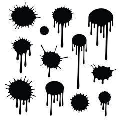 Black paint splatters with dripping effects on white background drips