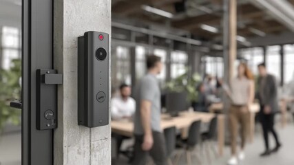 Office hallway showing a medium shot of AIpowered lock sensor technology securing access points by predicting unauthorized entry attempts in a corporate environment.