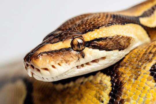 Close view of a python with distinct patterns resting indoors during daylight hours