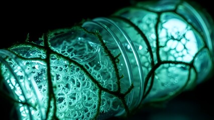 Glowing green leaf veins on a dark background