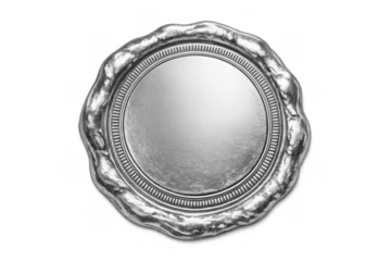 Silver metallic wax seal blank, round shape with textured edges, providing a premium quality concept. Transparent background