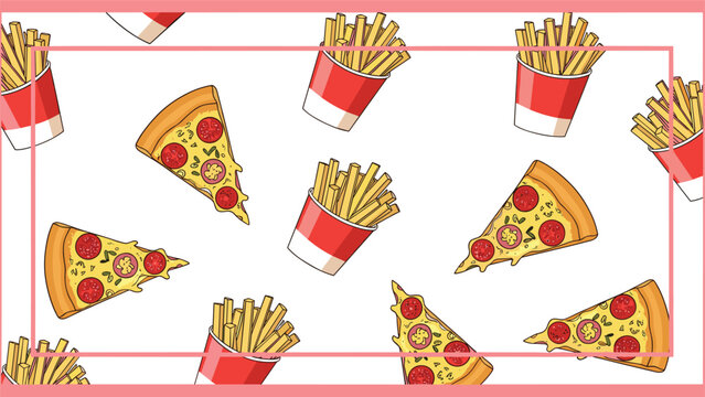 A vibrant cartoon pattern of pepperoni pizza slices and red boxes of french fries, displayed within a simple pink rectangular frame on a white background. - Powered by Adobe
